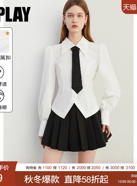 DPLAY2025秋季新款白色极简衬衫女气质翻领泡泡袖收腰上衣长袖