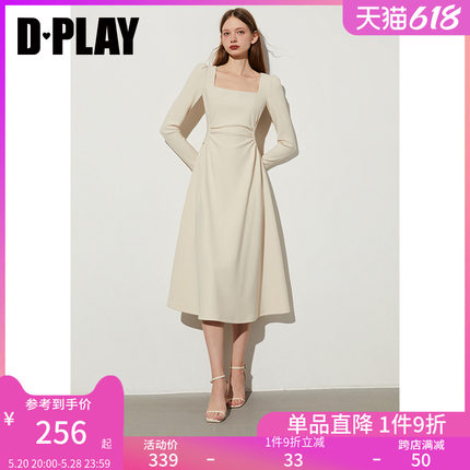 DPLAY春季法式连衣裙杏色方领连衣裙女收腰长裙白色裙子