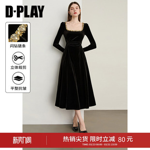 DPLAY【轻奢闪钻系列】冬季新款黑色长袖优雅连衣裙女礼服