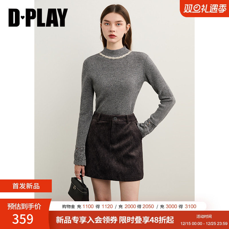 DPLAY2025年冬季新款灰色针织衫女100羊毛镂空好看针织打底衫