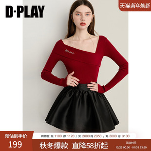 时尚 红色一字领针织衫 烫钻修身 长袖 女 DPLAY2025年秋季 打底衫 新款