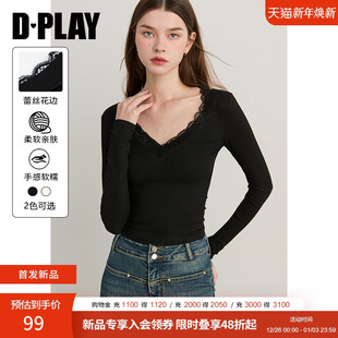 惠品 女修身 2026年春季 黑色T恤衫 蕾丝气质打底上衣 新款 DPLAY