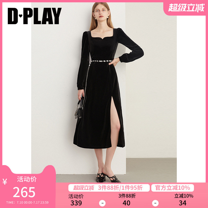 复古风摆侧开衩法式DPLAY小黑裙