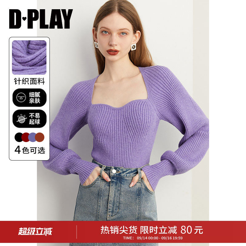 DPLAY法式方领紫色毛衣图片