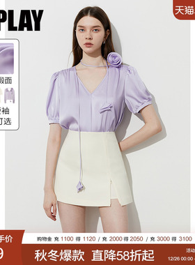 DPLAY2025年夏季新款气质紫色上衣女独特法式缎面衬衫短袖衬衣女