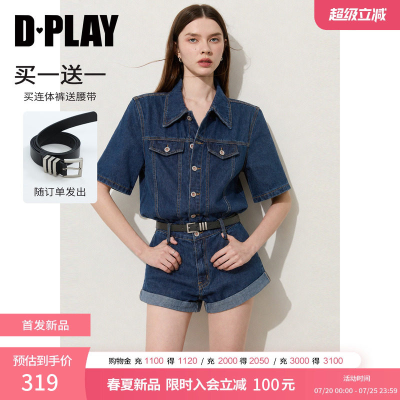 DPLAY复古牛仔连体裤蓝色短袖工装牛仔连衣裤女连体裤女连身短裤