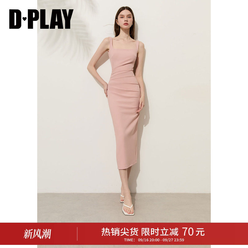 DPLAY粉色方领法式连衣裙2026夏季新款修身无袖长款连衣裙图片