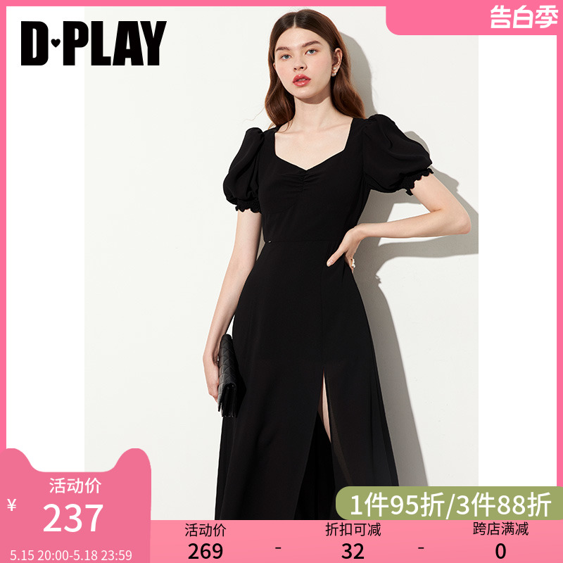 DPLAY德帕拉2024夏黑色连衣裙泡泡袖方领法式开叉赫本风小黑裙-封面