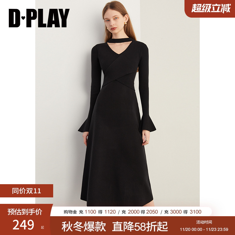 DPLAY针织连衣裙长裙喇叭袖