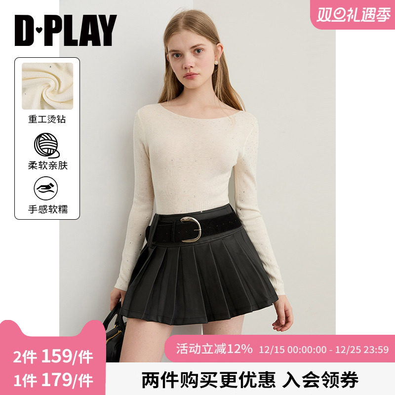 DPLAY2025年秋季新款白色针织衫女含羊毛闪钻设计修身打底衫上衣