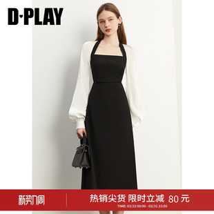 连衣裙女法式 黑白长袖 轻礼服裙鎏光纱长裙 新款 DPLAY秋季