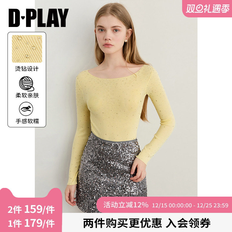 DPLAY2025年秋季新款黄色针织衫女独特烫钻正肩修身上衣打底衫