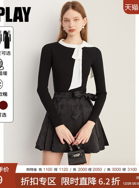 DPLAY秋法式黑色针织打底衫撞色蝴蝶结优雅气质毛衣百搭女上衣