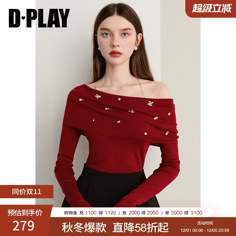 DPLAY【轻奢闪钻系列】2025年秋季新款红色打底衫修身针织衫上衣