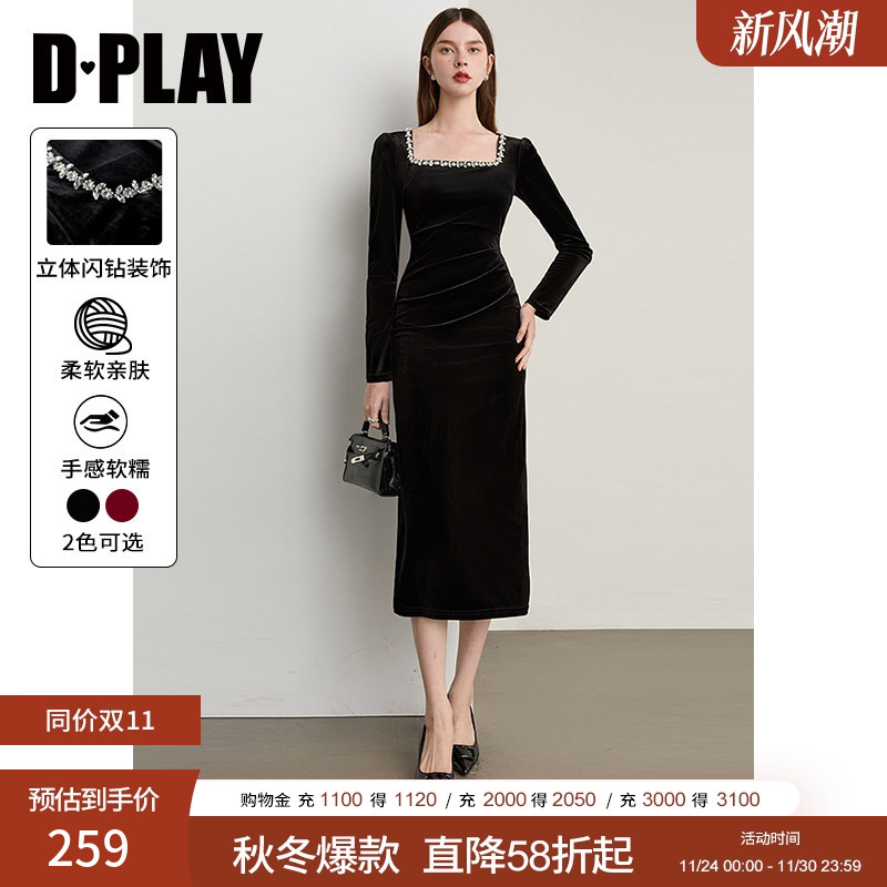 DPLAY闪钻方领丝绒连衣裙