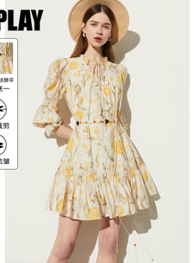 DPLAY气质甜美黄色印花V领泡泡袖A字连衣裙度假印花短款裙子女