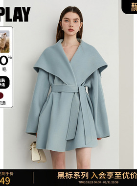 DPLAY【黑标】冬蓝色翻领毛呢外套100羊毛短款双面呢子大衣女