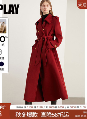 DPLAY2025年冬季气质红色大衣100羊毛外套双面呢子大衣羊外套女
