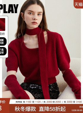 DPLAY2025秋季安哥拉红毛衣袖套毛衣含羊毛针织衫女红色新年毛衣