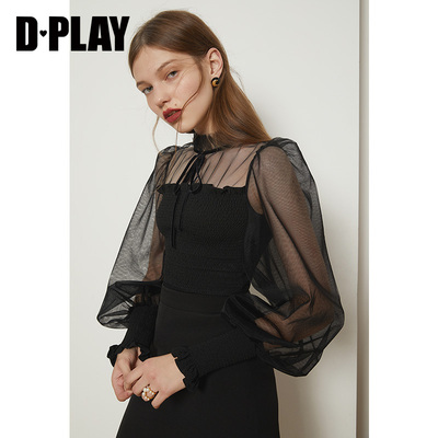 DPLAY德帕拉2020秋冬新款黑色复古泡泡袖半透性感气质网纱上衣