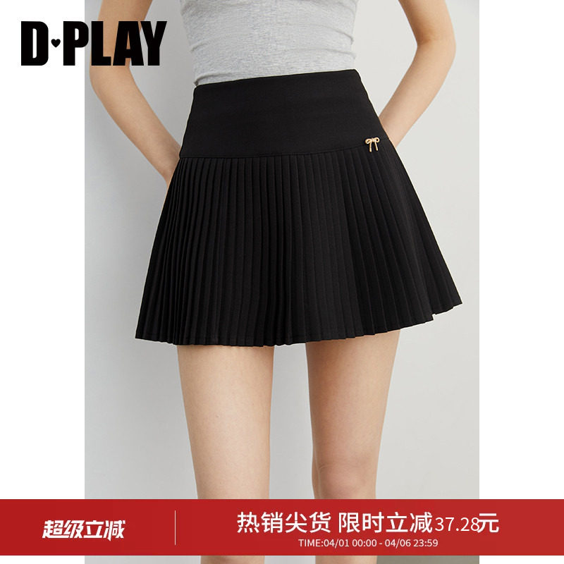 DPLAY夏季新款黑色百褶裙女短款裙子好看蝴蝶结半身裙短裙