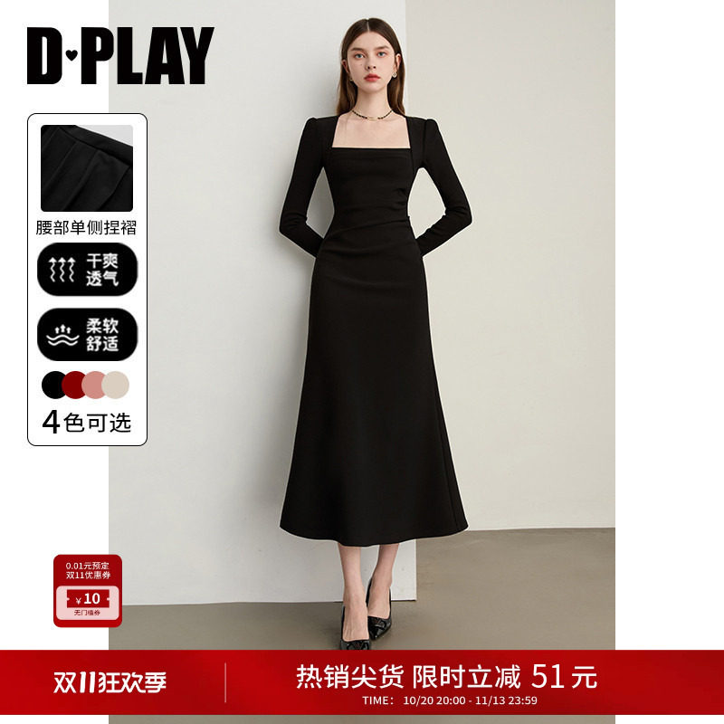 DPLAY2026冬季新款黑色法式方领连衣裙长袖气质礼服小黑裙鱼尾裙