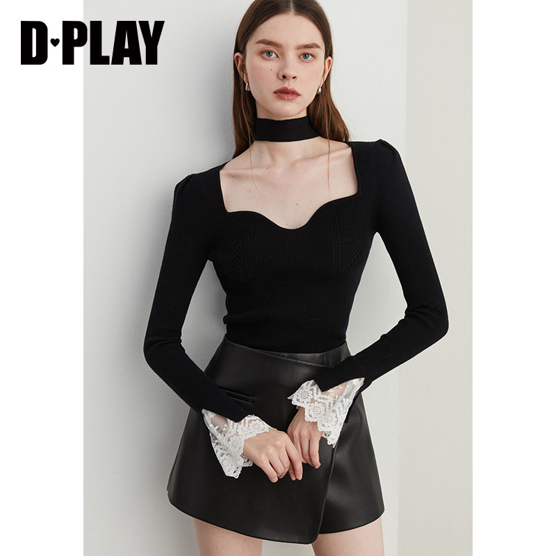 DPLAY2025春季新款法式黑色毛衣女小泡袖气质针织衫修身长袖上衣
