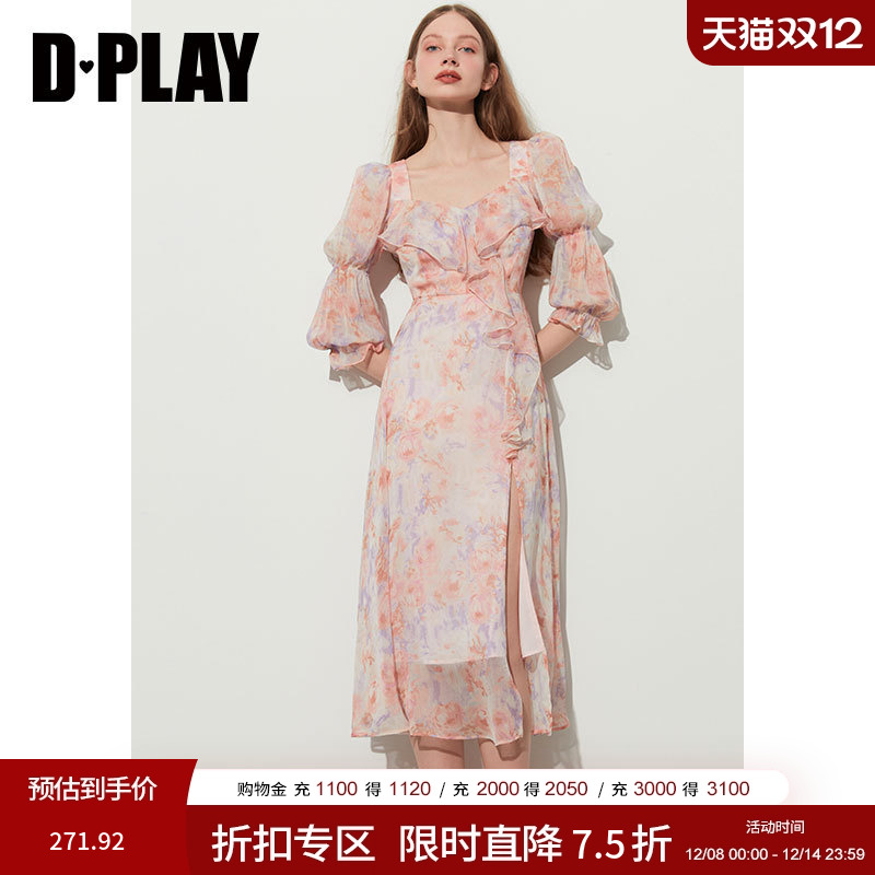 DPLAY粉色碎花裙法式雪纺连衣裙