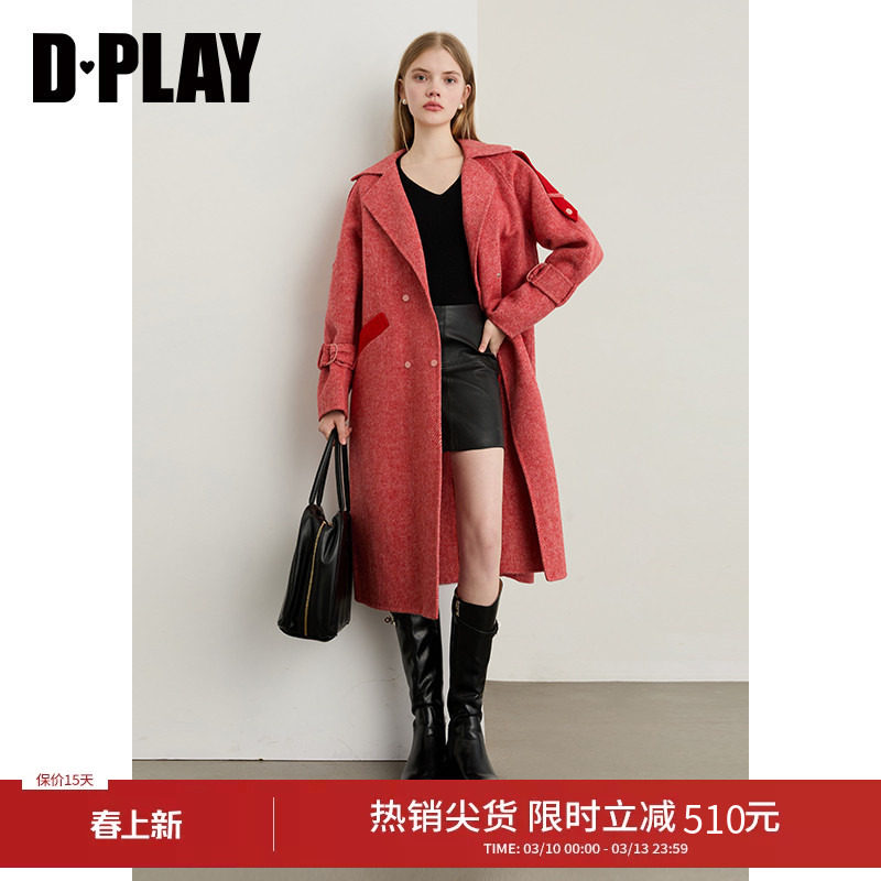 DPLAY冬季新款红色双面呢子大衣长款绵羊毛好看气质外套