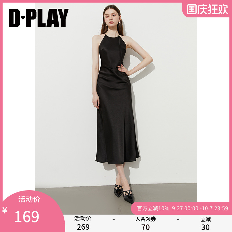 DPLAY黑色吊带裙缎面连衣裙
