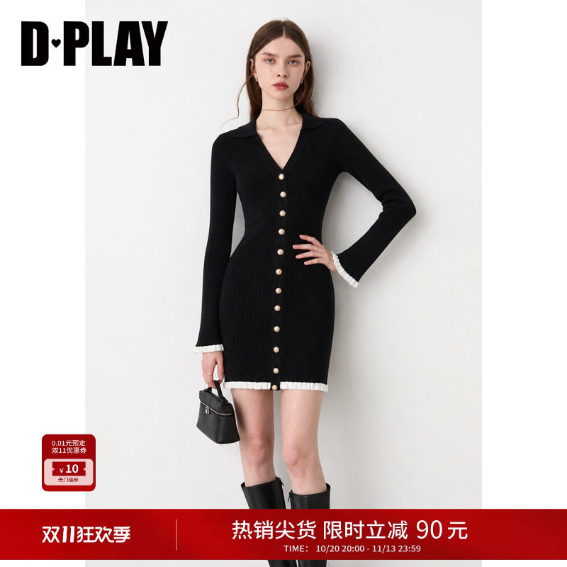 DPLAY【惠品】黑色V领撞色针织连衣裙女2026冬季修身气质短裙