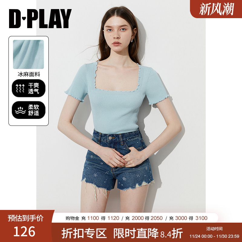 DPLAY方领木耳边针织小衫