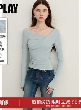 DPLAY蓝色一字肩T恤衫女捏褶气质莱赛尔2026年春季新款时尚小衫