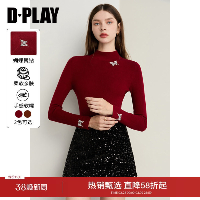 DPLAY年冬季新款红色针织衫女蝴蝶高级修身时尚气质小衫上衣