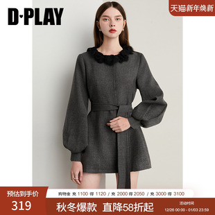 长袖 2025秋冬灰色蕾丝领连衣裙灯笼袖 连衣裙女外套 惠品 DPLAY