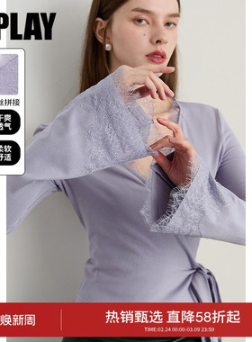 DPLAY2025年秋季新款紫色t恤女修身蕾丝拼接喇叭袖设计长袖上衣