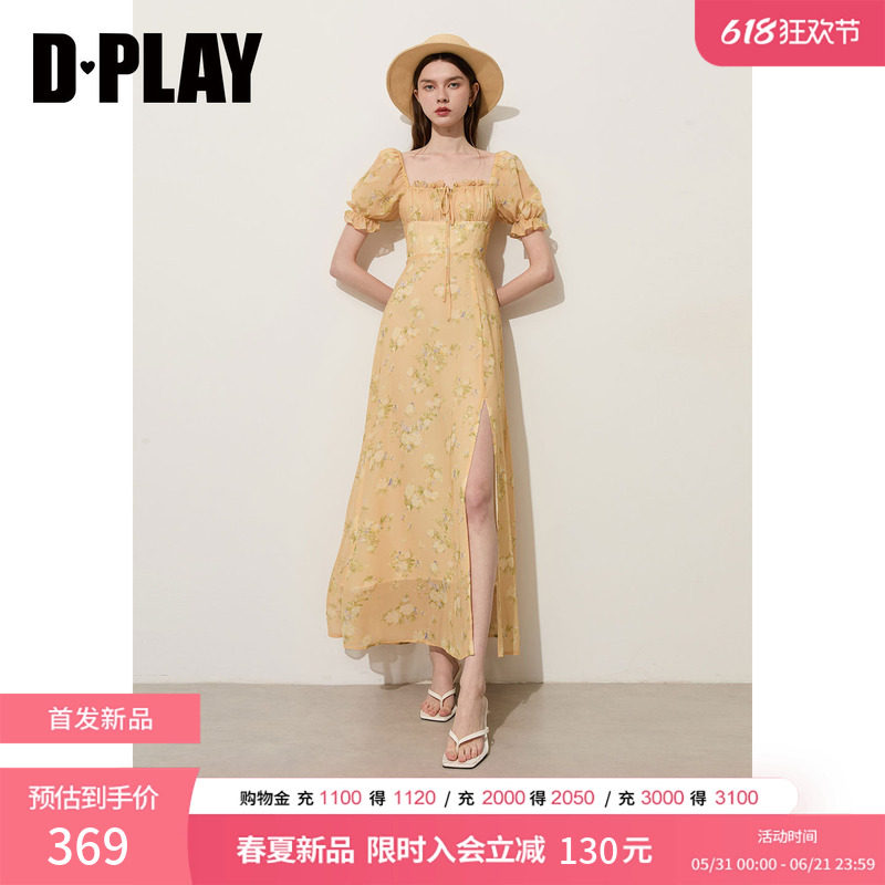 DPLAY【度假系列】黄色印花方领泡泡袖修身显瘦抽绳连衣裙2026夏