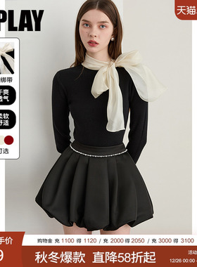 DPLAY2025冬季新款黑色针织衫女好看气质网纱蝴蝶结拼接长袖上衣