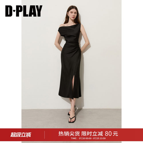 DPLAY一字肩黑色缎面连衣裙