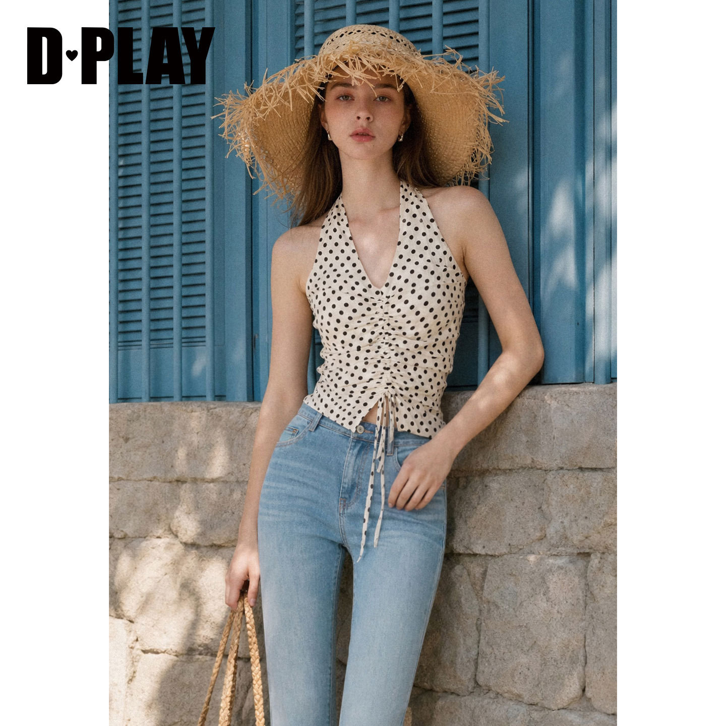 DPLAY米白V领挂脖露背抽绳雪纺小衫法式2026年夏季新款女上衣