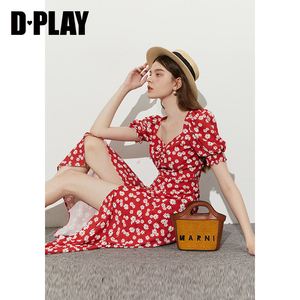 DPLAY夏季气质度假裙红色连衣裙印花法式复古泡泡袖沙滩裙长裙女
