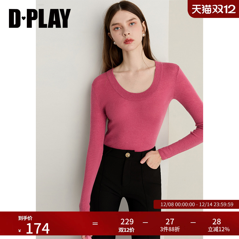 DPLAY2025年秋季新款粉色针织衫女100羊毛多巴胺气质针织小衫