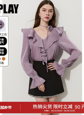 DPLAY紫色衬衫女鎏光纱衬衣荷叶边泡泡袖长袖上衣2026年春季新款