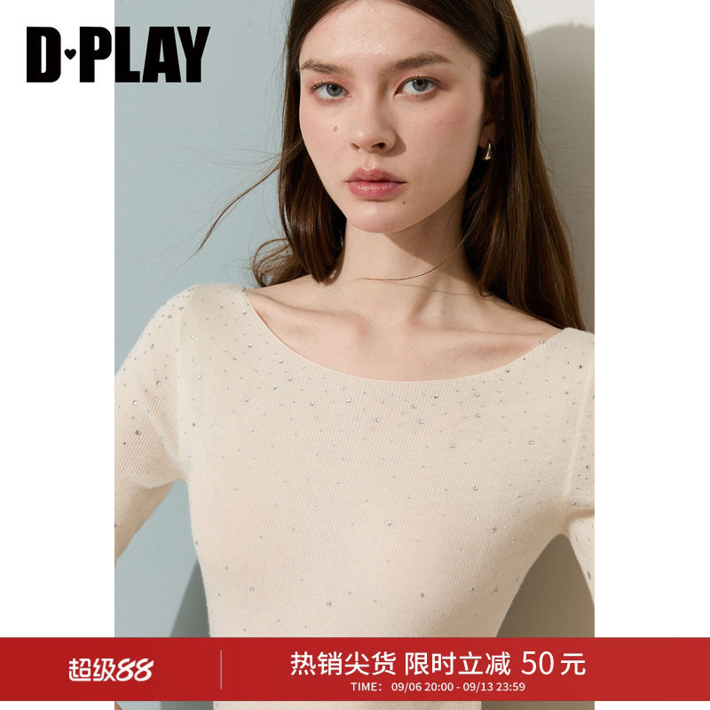 DPLAY白色修身烫钻感中袖针织衫2026夏季新款轻奢通勤女士上衣图片