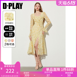DPLAY2024夏季法式黄色连衣裙裙子荷叶边长袖连衣裙女度假长裙