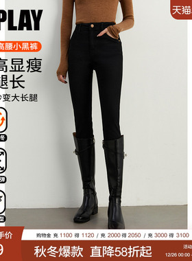 DPLAY2025秋季休闲黑色高腰金属扣弹力加绒弹力百搭水洗长裤女
