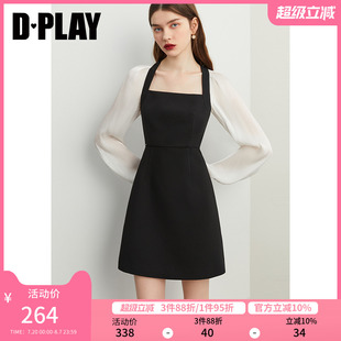 连衣裙裙子女 DPLAY2025年春复古黑色拼白撞色方领拼接鎏光纱长袖