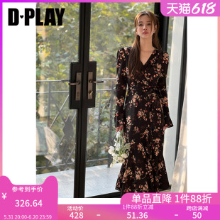 连衣裙印花长裙 暗夜繁花茶歇裙V领泡泡喇叭袖 法式 DPLAY春夏新款