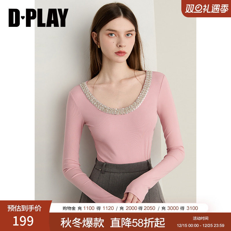 DPLAY【轻奢闪钻系列】2025年秋季新款粉色T恤女莱赛尔气质小衫