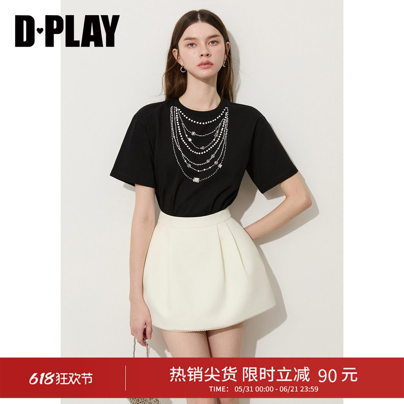 DPLAY【时髦云T系列】黑色T恤钉珠链条女宽松上衣2026年夏季